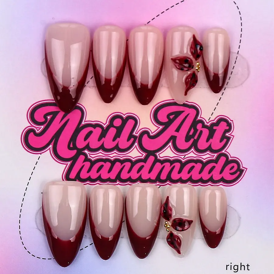 Delicatething Y2K Style Almond Nail Set, Handmade Press On Wearable Nails, 3 Sizes S M L, Berry Dot French Tips Nails Art Design, Perfect Gift for Girls