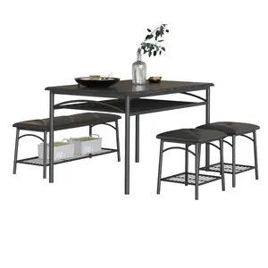 【GARVEE】Modern Dining Table Set for 4,Kitchen Table with Upholstered Bench & Square Stools, Wooden Top & Metal Frame, Compact Storage Dining Set (Black)