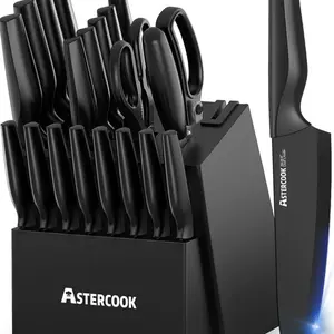 Astercook Knife Set, Kitchen Knife Set with Built-in Sharpener Block, Dishwasher Safe, 15 Pieces German Stainless Steel Knife Block Set, Black