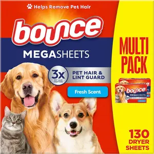 Bounce Pet Hair and Lint Guard Mega Dryer Sheets with 3X Pet Hair Fighters, Fresh Scent, 130 Count, Bounce Dryer Sheets, Fabric Softener Sheets Proctor Gamble