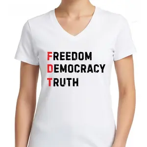 FDT V-Neck T-Shirt Freedom Democracy Truth Graphic Tee Anti-Trump Political Protest Short Sleeve Apparel Aesthetic Democrat Activist Gift Fashion Top Viral Trendy Social Justice Statement Streetwear Unisex Tees Ultra-Soft Comfy Fabric Womenswear
