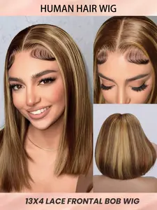 4/27 Honey Blonde Ombre Highlight 13x4 Transparent Lace Front Bob Wig 100% Human Hair 180% Density Straight Pre Plucked Baby Hair Install Natural Hairline For Women Lace Wigs