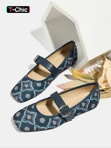 Women's Fashion Casual Flat Shoes Flat Rubber Shoes Square Toe Buckle Strap Low Heel Vintage Comfortable Mom Dance Mary Jane Shoes Rubber Flats Ballerina Flats Footwear