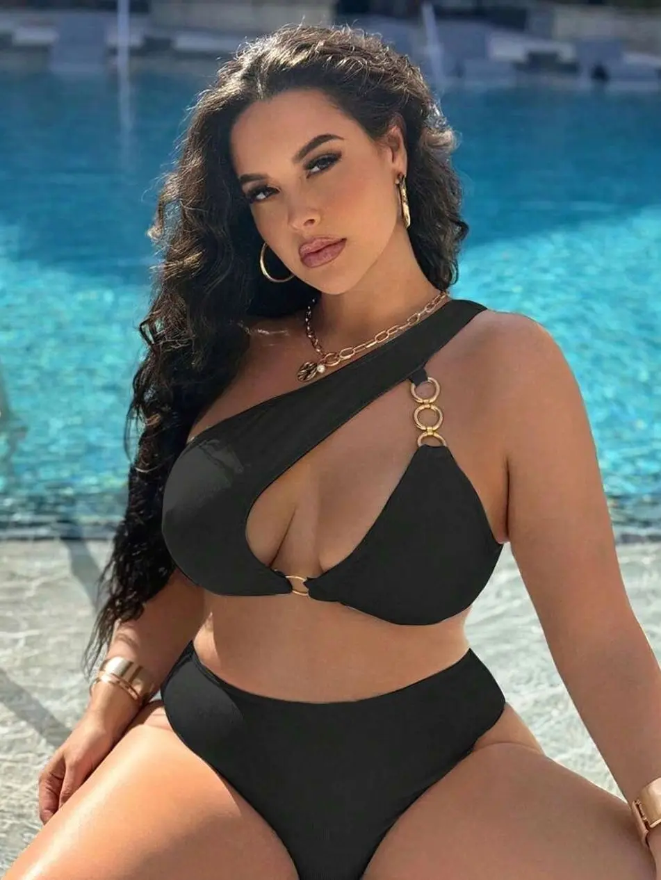 Plus Size O-Ring Cut Out One Shoulder Bikini, Stylish Two Piece Swimsuit for Beach Vacation