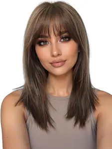 18 Inch Medium Straight Wig with Bangs, Highlighted Synthetic Hair, Synthetic Wigs, Natural Look, Natural Looking Wig, Easy Care, Suitable for All Ages, Realistic Illusion Hairline