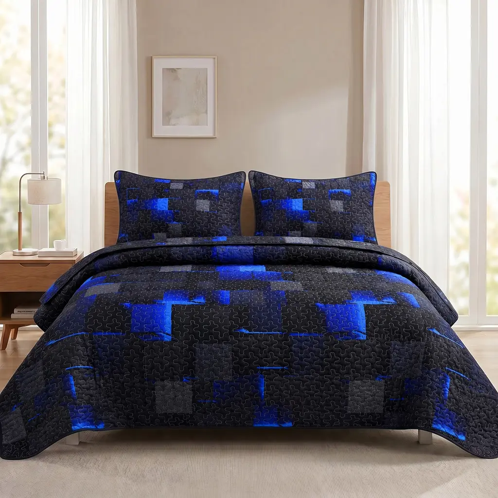 2/3 Pcs Cyber-Inspired Breathable Cyber Weave Light Quilt Bedspread Set - Edgy Bedspreads & Coverlets, Classic Stitch, Digital Printing Fabric, Machine Washable, All Seasons Use, Durable, Gaming Vibe, Ideal for Modern Bedrooms, Great Gift Option