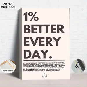 1PCS With Framed 1% Better Every Day Motivational Canvas Wall Art with Wooden Frame Modern Minimalist Office Study Room Decor Inspirational Quote Print Home Decoration Positive Affirmation Artwork Read