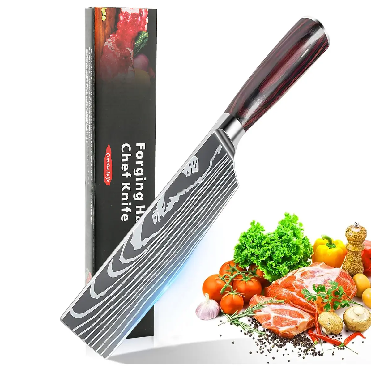 1pc Color Wood Handle Damascus Chef Knife, Stainless Steel Kitchen Knife, Fruit Vegetable Slicer, Sharp Meat Cutting Tool, Household Kitchen Utensils, Cooking Knives, Stainless Steel Knives
