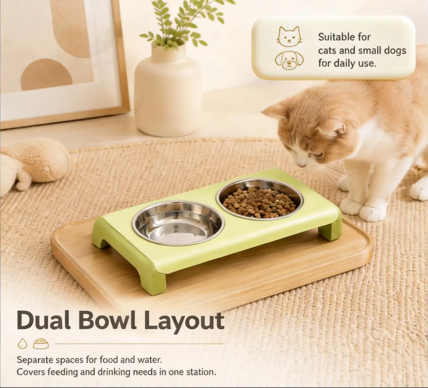 Stainless Steel Pet Double Bowl - Food/Water Feed with Separate Zones for Dogs & Cats, Pet Feeding Accessory