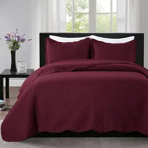 Twin Quilt Size (68" x 86") + 1 Pillow Shams (20" x 26" + 2") - 2 Summer Lightweight Microfiber Coverlet Embossed Quilt Bedspread (Burgundy)