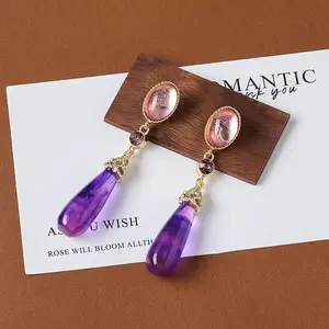 Diamond-encrusted Purple Water Drop Earrings Light Luxury Silver Needle Studs Vintage Court Style Earrings Hanfu Ear Jewelry