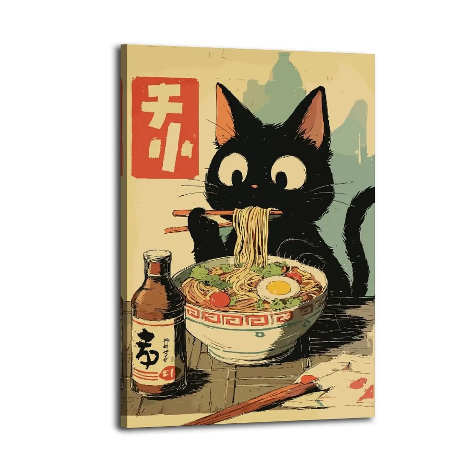 Ramen Cat Cute Black Cat Eating Noodles HomeDecor WallArt LivingRoom Canvas for Bedroom Decor Canvas Poster Aesthetic Office Bathroom Painting Picture Print Modern Family