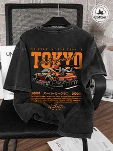 Men's New T-Shirt, Washed Finish, Racing Element Print, Comfortable Casual Short Sleeve Tee, Street Style, Loose Fit