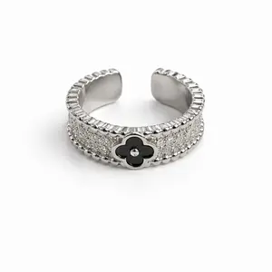 Elegant Silver Tone Ring with Black Flower Design and Rhinestone Accents for Women's Fashion Jewelry