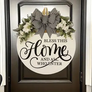 Plastic Fake Flower Wreath with Wooden Welcome Sign, Front Door Wall Hanging Ornaments, Spring Wedding Home Decor Supplies