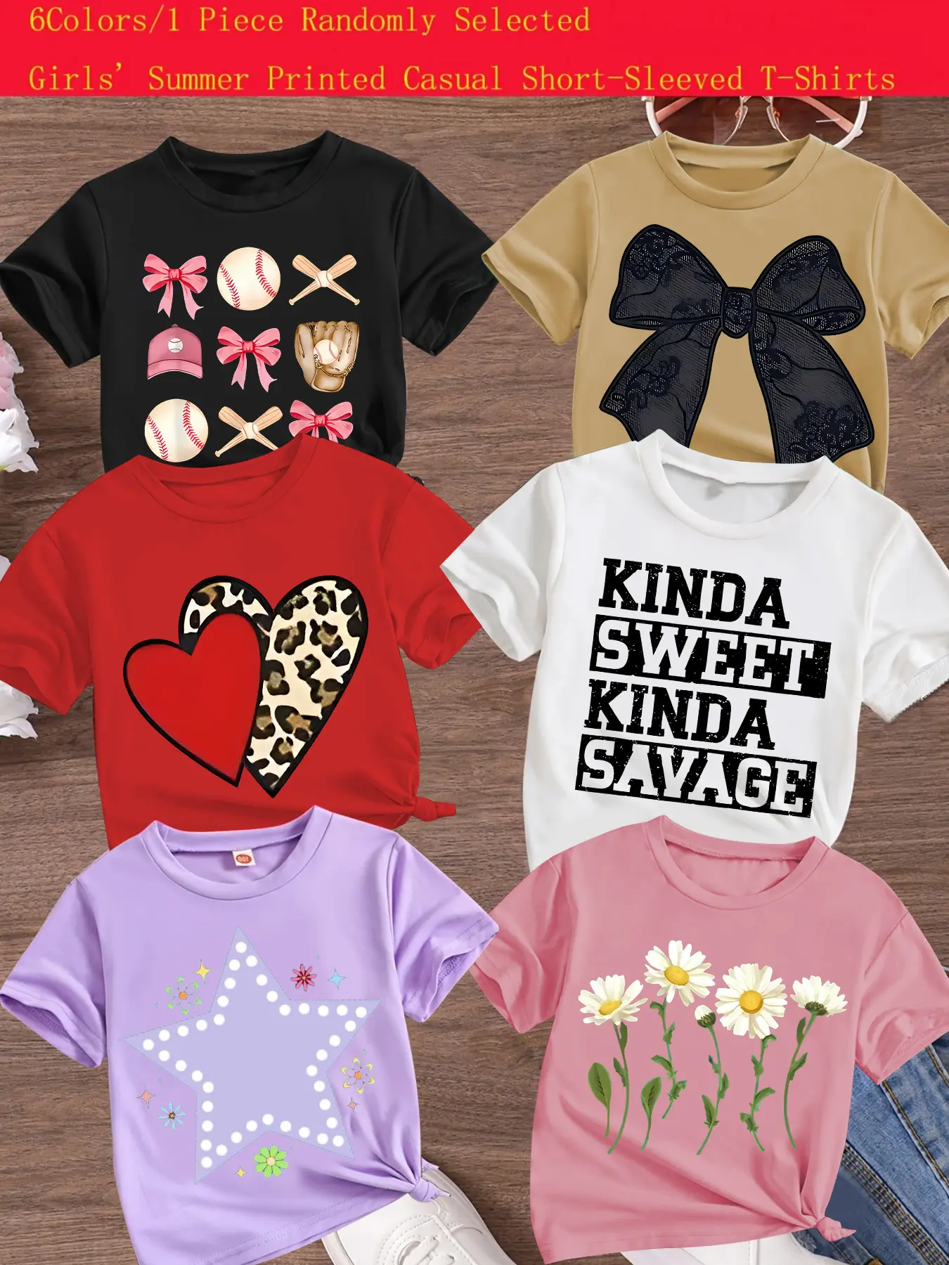 Girls’ Summer Fashion Cartoon Print T-Shirt, Comfortable Loose-Fit Short Sleeve Crew Neck Top, Casual Clothing Gift for Kids