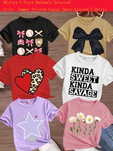 Girls Summer Trendy Fashion Heart Flower Print Comfortable Versatile Short Sleeve T-Shirt, Funny Graphic Tees, Casual Loose Fit, Random Style, Perfect Gift