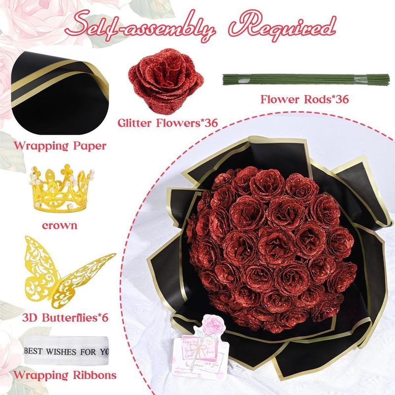 DIY Glitter Roses Bouquet, DIY Fake Glitter Flowers Bouquet, Shiny Artificial Roses Bouquet, Ornaments, Glitter Roses Everlasting Shiny Artificial Red/Pink/Black/Blue/Purple Rose Bouquet, Anniversary, Engagement, Wedding,Gifts for Women, 11/24/36 Roses