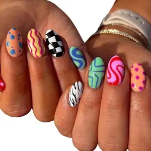 Retro Pop Y2K Nail Set – 24pc Press-On Nails with Vibrant Abstract Designs | Glossy Salon-Quality Finish | Reusable & Easy to Apply | Perfect for Y2K & Retro Looks