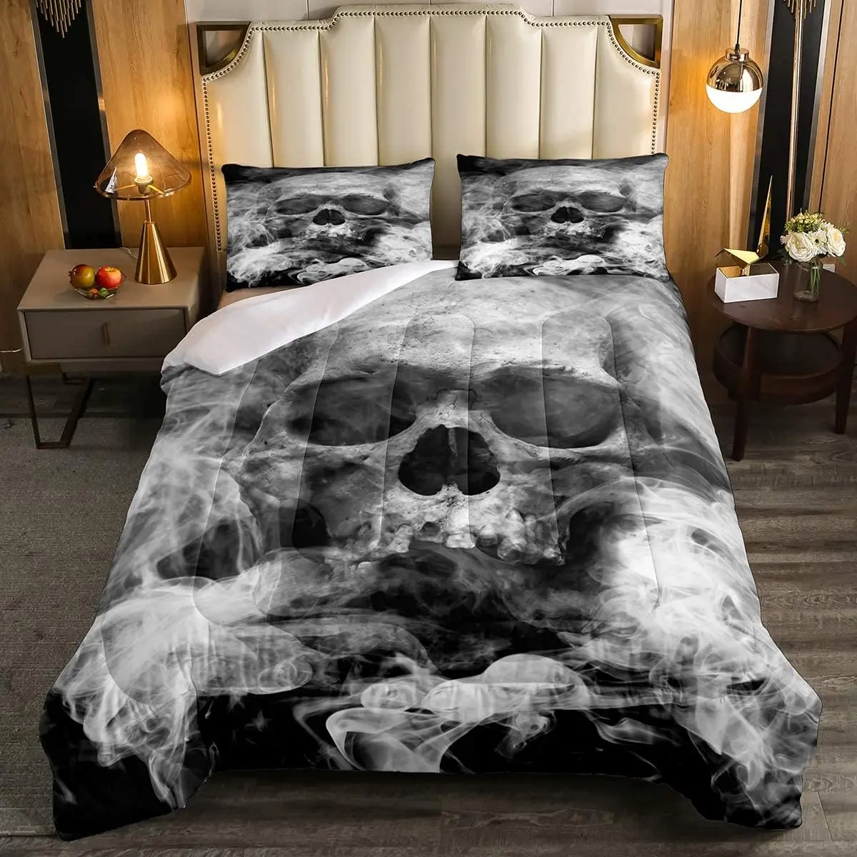 Feelyou Gothic Skull Lightweight Comforter - Halloween Microfiber Quilted Duvet with Fog Smoke Skeleton Design, Grey Decorative Bedding Set for Young Men, Bedroom Decor, Set Includes Core Bedding Pieces, Microfiber Bedding Set