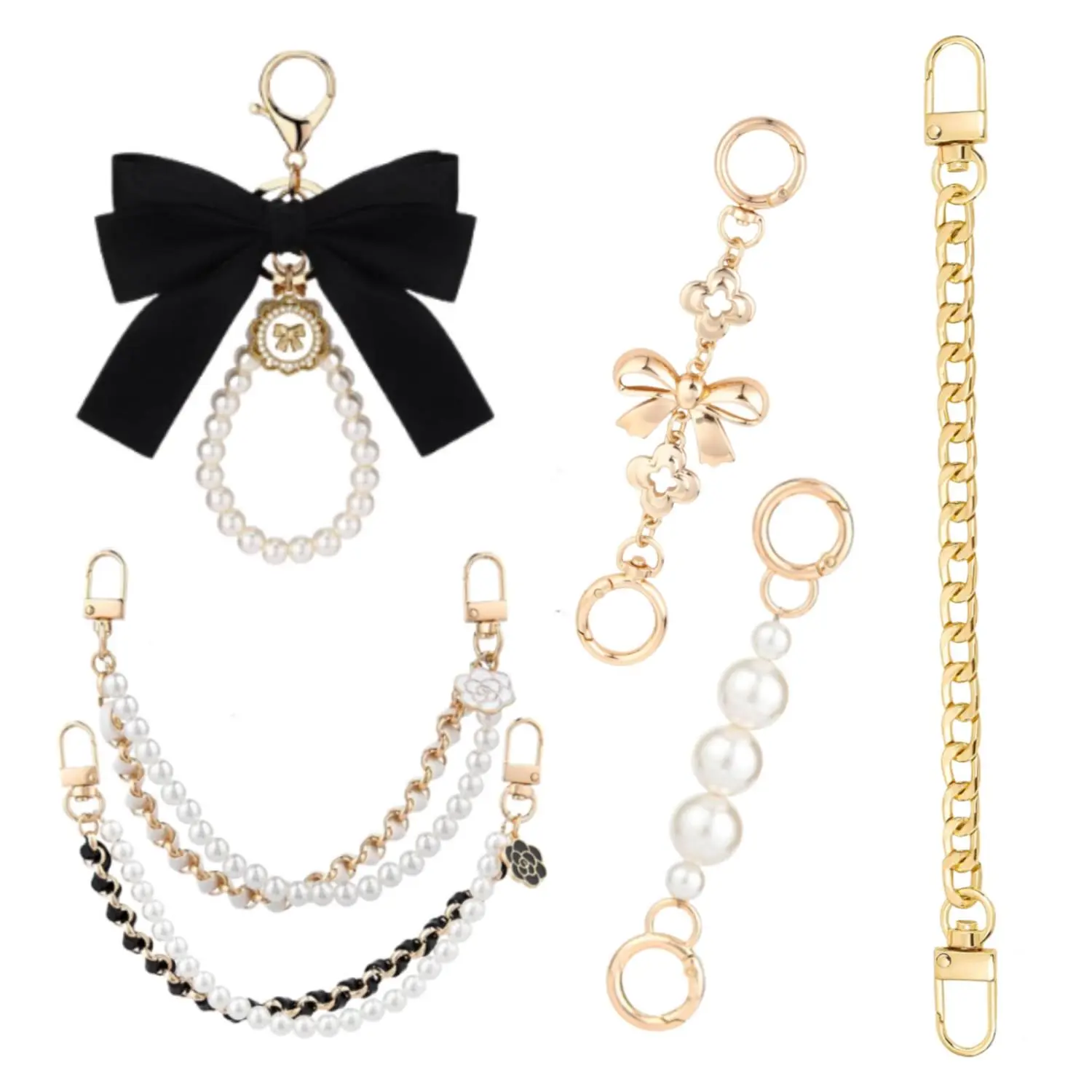 6pcs Crystal Bow Bag Chain Extender, Pearl Strand Purse Strap, Replacement Chain for Mini Bags And Crossbody Purses, Holiday Gift for Bag Lovers, DIY Wallet Making
