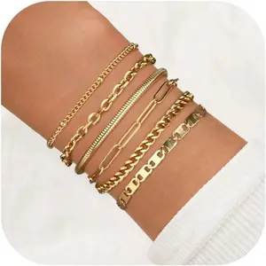 FLORIDECO Women's 3-6PCS Stainless Steel Gold Artificial Gemstone Bracelet Set, Waterproof Non-Tarnish Trendy Thin Chains, Stackable Sets with Cuban Links, Daily Wear Fashion Jewelry