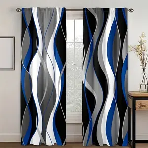 2 pieces of abstract wave pattern printed curtains - high-definition digital printing, polyester material with semi-transparency, machine washable, suitable for bedrooms, living rooms, and home curtain decoration