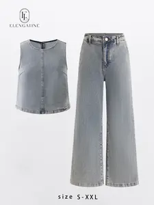Elengatine Viral Denim Two Piece Set for Women | Sleeveless Crop Top & High Waist Wide Leg Jeans Outfit | Soft Washed Denim, Relaxed Fit & Flattering Silhouette | Inclusive  | Effortless Chic Matching Set | Perfect for Spring Summer, Daily Wear BTN128