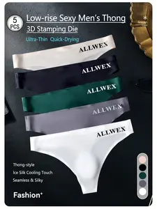 Men's Ice Silk Cooling Touch High Stretch Knit Breathable Fabric Sports Casual Style Seamless Letter Design Shiny Thong Panties, 5 Pack, Invisible Cooling Underwear All Seasons, Sleek Appearance, Glossy