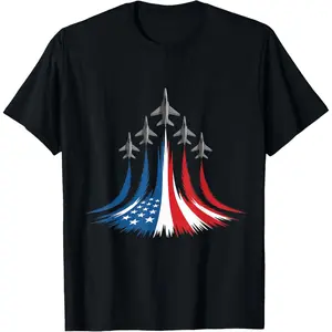 Red White Blue USA Flag Fighter Jets 4th of July T-Shirt Pure Cotton Graphic Tees Menswear Top: Gifts for Men & Women