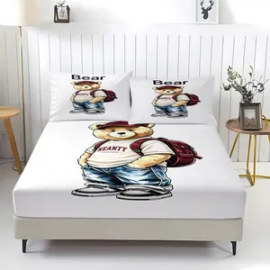 Stylish bear pattern printed bedspread, including 1 bed sheet and 2 pillowcases, with anti-slip dust cover suitable for bedrooms and guest rooms, perfect for personal use or gifting