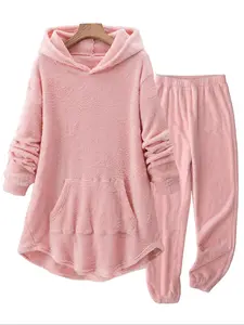 Women's Solid Color Pocket Hoodie & Pants Plush Two-piece Set, Casual Long Sleeve Hooded Sweatshirt & Trousers, Women's Fall & Winter Clothes for Daily Wear