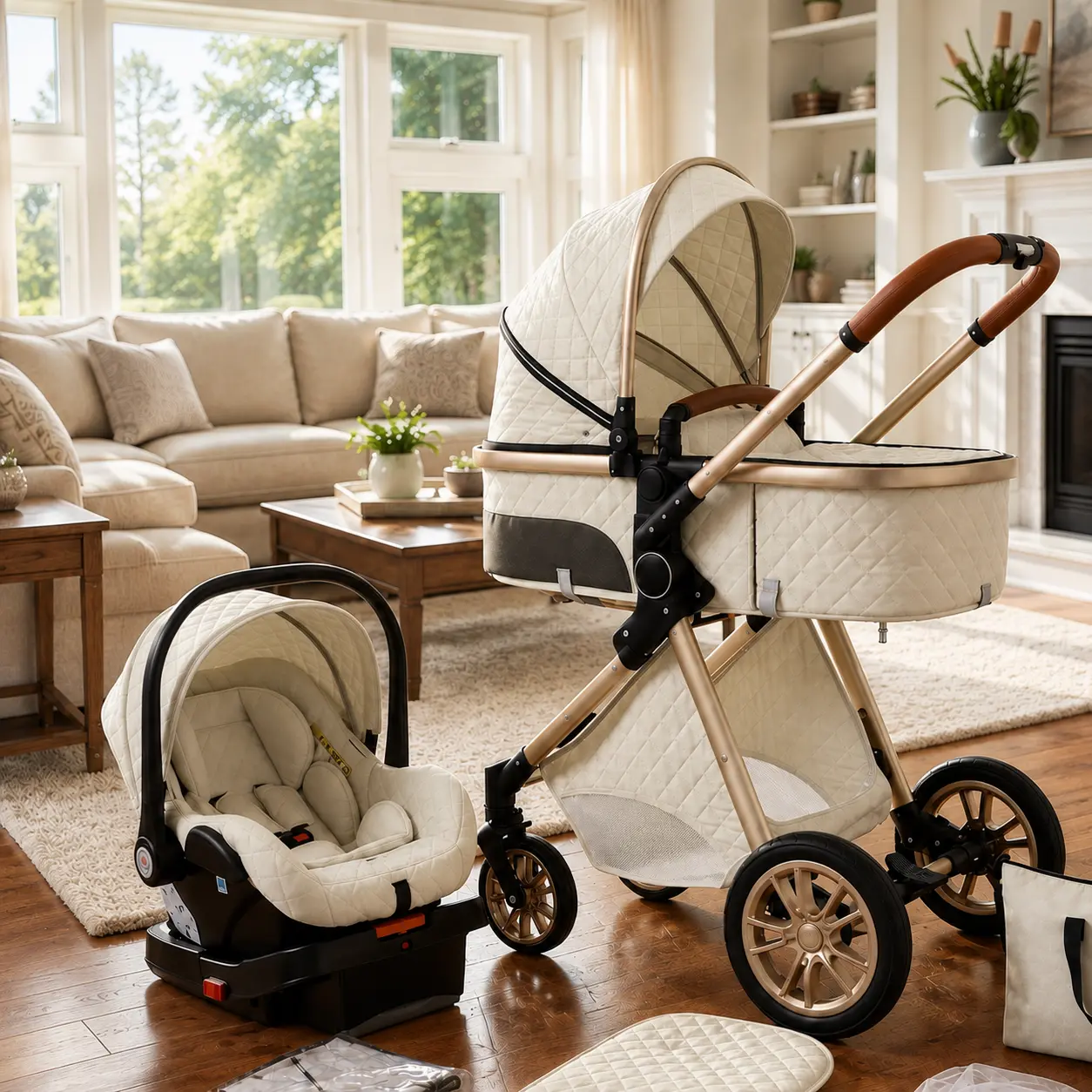Baby Travel System Stroller 3 in 1 with Infant Car Seat, Newborn Bassinet Pram, Lightweight Foldable Design, Reversible Seat, Adjustable Canopy, Shock Absorbing Wheels for Everyday Travel outdoor 1-click fold pink humbrella pock it carry on
