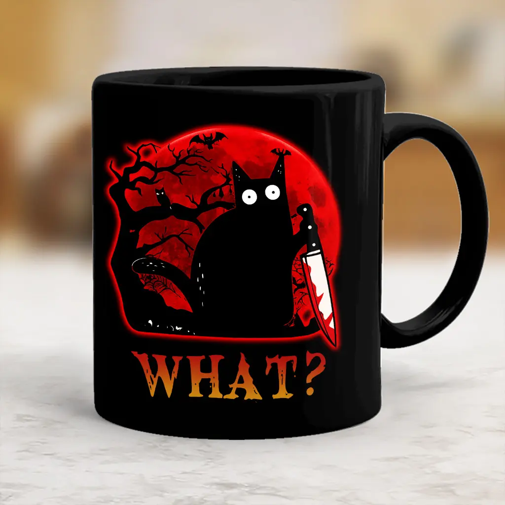 Stylish Printed Ceramic Halloween Coffee Mug - Cute Cat With Knife Design, Trick-or-Treat Themed Beverage Cup, hll11378