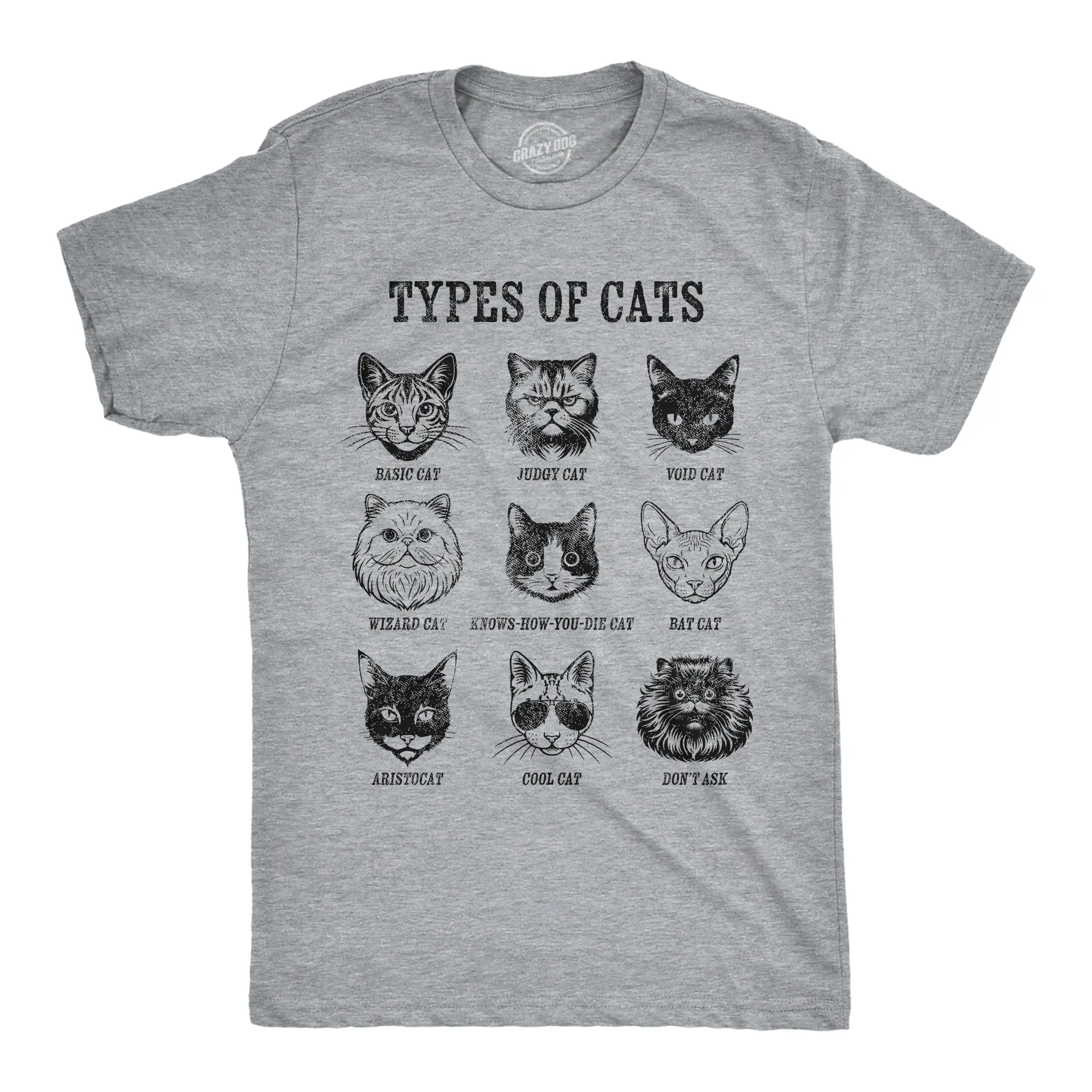 Mens Funny T Shirts Types Of Cat List Sarcastic Kitten Graphic Novelty Tee For Men Mens Funny T Shirts Cool Vintage Fashion T-Shirt Gift Classic Menswear Funny Cat Short Sleeve Novelty Tees for Guys Light Grey