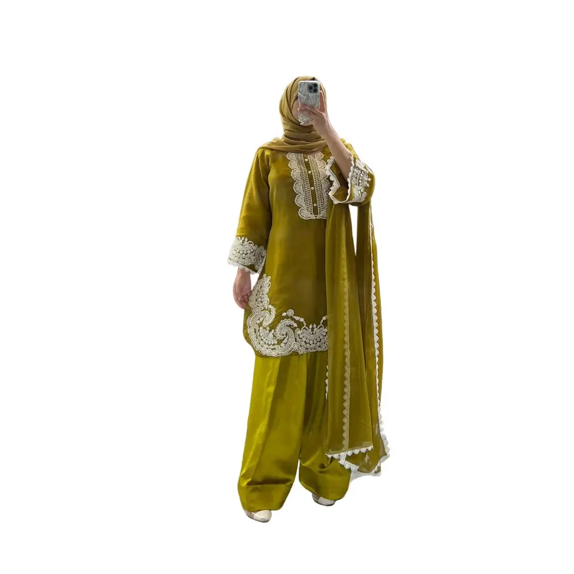 Party Wear Pakistani Designer Olive Green Embroidered Chiffon Kameez | Silk Farshi Salwar  Elegance