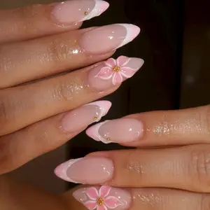24pcs Spring Limited Sakura 3D Nail Art Design, Gradient French Style, Reusable Almond Nails, Easy Wear, Perfect for Spring Outings & Photoshoots