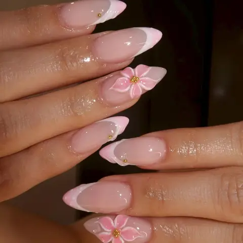 24pcs Spring Limited Sakura 3D DIY Nail Art Design, Gradient French Style, Reusable Almond Nail Tips, Easy Wear, Nail Art Supplies, Perfect for Spring Outings & Photoshoots, DIY Nails Art