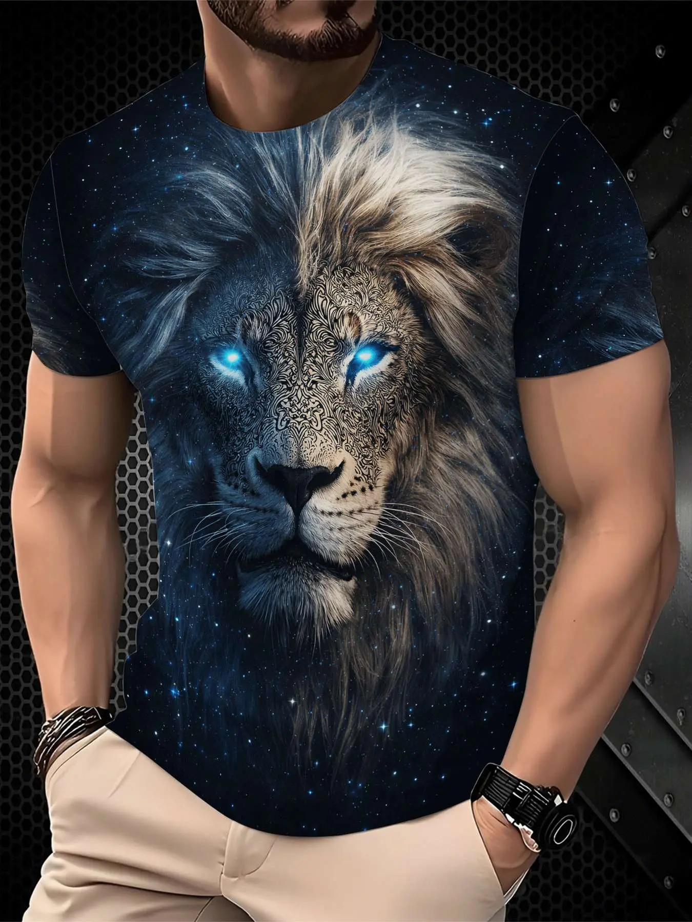 Men's Printed T-Shirt - Black/Gradient Multi-color Trendy Top, Round-neck Short-Sleeved T-shirt, suitable for daily wear, casual gatherings, fashionable gradient style, machine washable