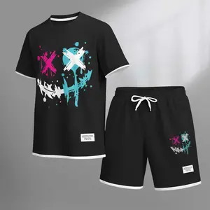 Men's Splattered-Ink Smiley Face Print Drawstring Shorts Set For Spring/Summer. Including A Short-Sleeved Shirt And Shorts, Suitable For Everyday Wear And Sports. A Two-Piece Set For A Relaxed And Energetic Lifestyle.
