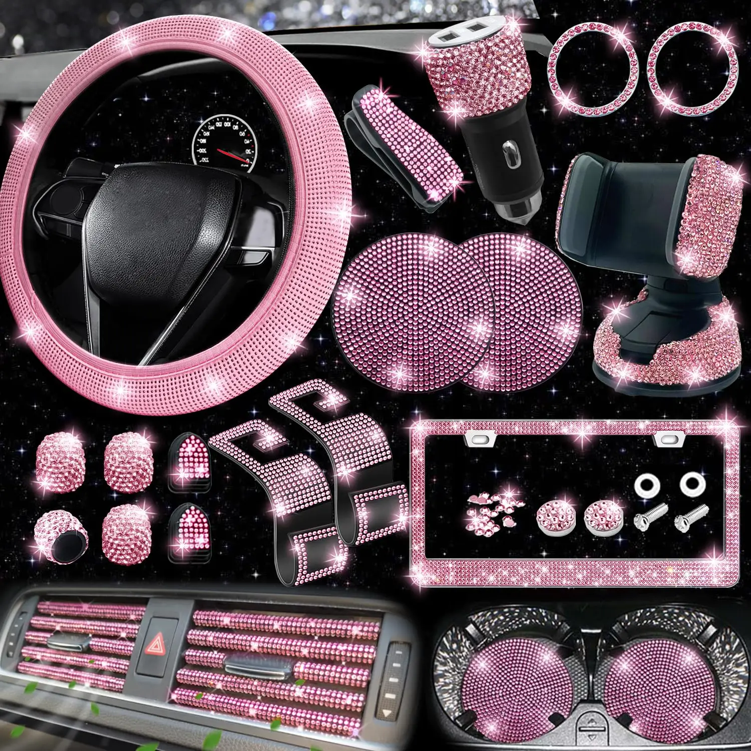 【Hieha】Discovery Spring Event Car Decoration Set for Gift, 27pcs Car Interior Accessories for Women, Bling Car Rear View Mirror Decoration Set Dealsf