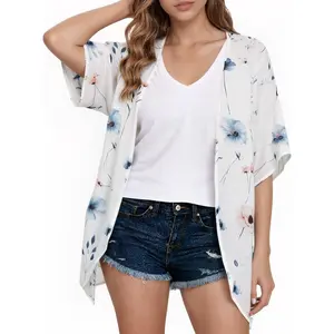 Women's Floral Cardigan Cover-Up Bohemian Kimono Loose Cover-Up Top Beach Swimwear Puff Sleeve Shirt Women's Chiffon Summer Style