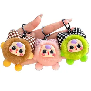 Cute Faux Rex Rabbit Fur Plush Keychain with Checkerboard Bow, Big Eyes Cartoon Doll Car Pendant, Backpack Bag Charm Accessory