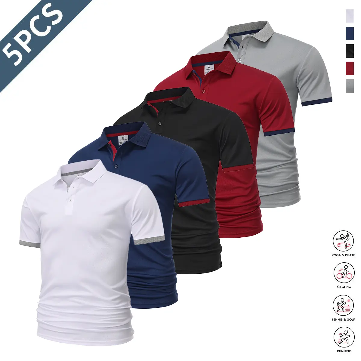 5-Pack Men's Performance Polo Shirts with Contrast Collar, Breathable Short Sleeve Knit Tops for Business Casual Office Wear, Golf, Smart Travel & Weekend Outfits, Premium Easy-Care Shirt Collection, Multipack Wardrobe Essential