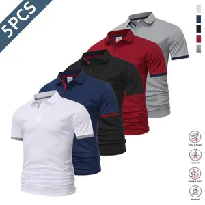 5-Pack Men's Performance Polo Shirts with Contrast Collar, Breathable Short Sleeve Knit Tops for Business Casual Office Wear, Golf, Smart Travel & Weekend Outfits, Premium Easy-Care Shirt Collection, Multipack Wardrobe Essential