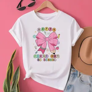 Happy First Day Of School Teachers Pencil Bow Back To School T-Shirt Art graphic tees women crop tops summer outfits for women summer tops forwomen T-Shirt