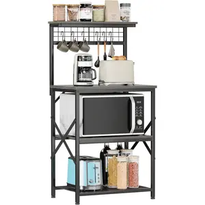 Kitchen Bakers Rack, Microwave Stand with Storage 4 Tiers, Coffee Bar Station with 6 S Hooks and Pegboard, Kitchen Shelves Rack for Spices, Pots, Black Oak