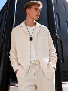 Men's Cream Textured 2-Piece Loungewear Set - Long Sleeve Camp Collar Shirt with Chest Pocket & Matching Drawstring Pants, Soft Breathable Fabric, Relaxed Fit for At-Home Lounging, Lazy Weekends & Casual Evenings, Homewear, Pajama Set
