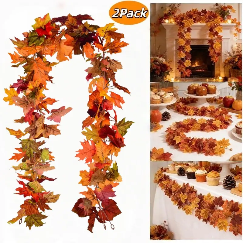 11.6Ft Artificial Plastic Fall Maple Leaves Garland (2Pcs*5.8Ft) - Thanksgiving Decor Gift for Autumn Mantle, Table, Indoor Outdoor Home Orange Decorations