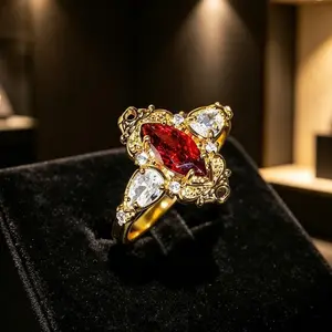 Luxury Golden-Tone Anniversary Ring for Women, Vintage Marquise Cut Red Statement Band with Intricate Details, Elegant Bridal Jewelry Gift for Weddings, Parties & Special Occasions